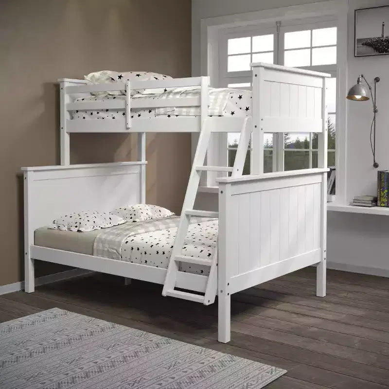 Twin Over Full Deirdra Modern White Solid Wood Built In Ladder Kids' Bunk Bed - Linon: Converts to Two Twin Beds, Guard Rails