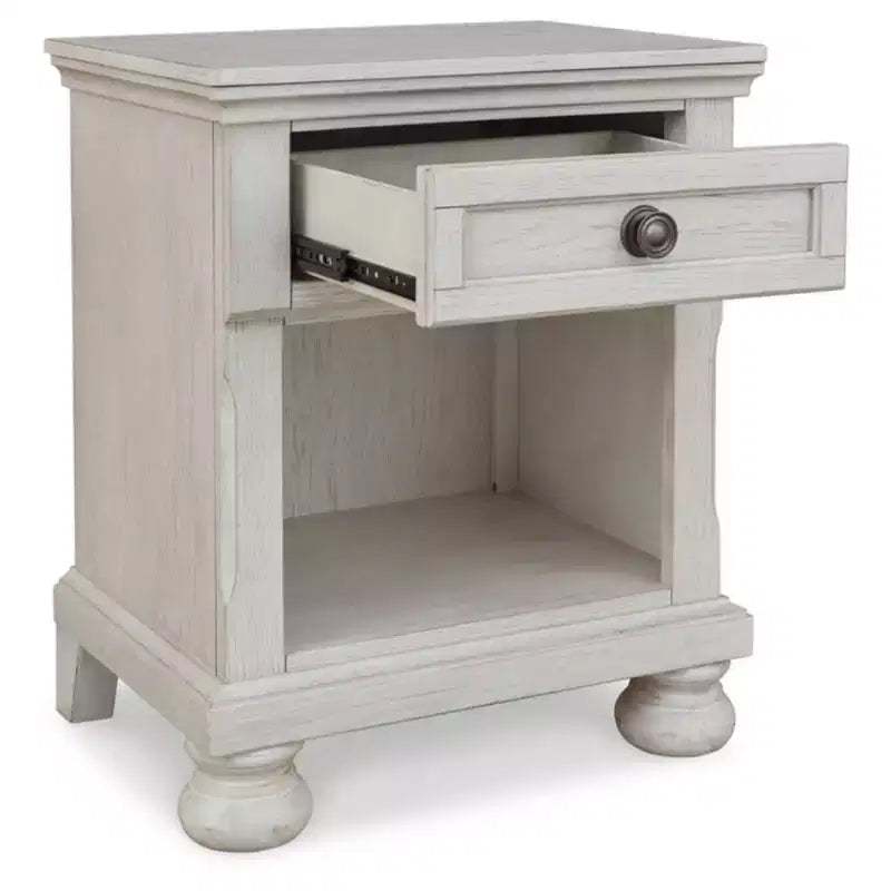 Signature Design by Ashley Robbinsdale 1 Drawer Nightstand White: Vintage Style Bedroom Side Table with Storage & Cable Management