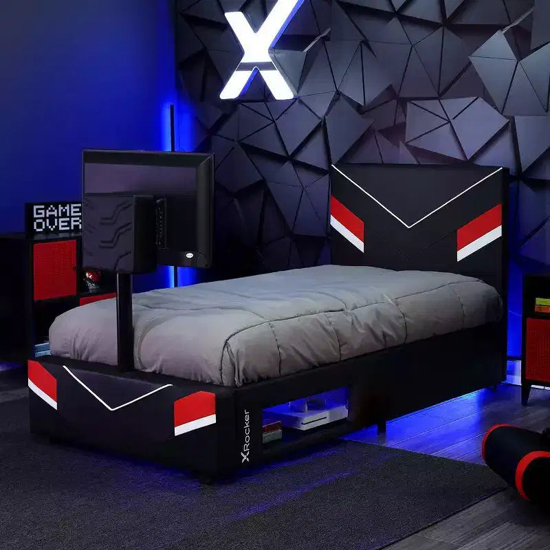 Twin Orion Esports Gaming Bed Frame with TV Mount For TVs up to 32" Black/Red - X Rocker