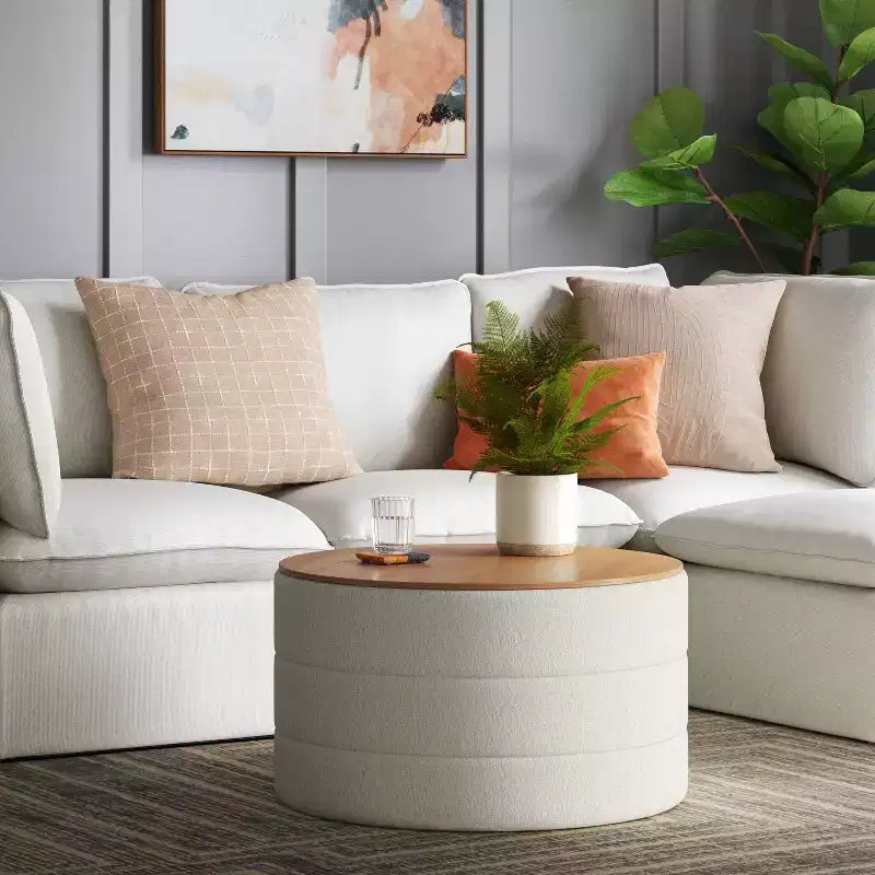 Tray Top Upholstered Storage Cocktail Boucle Ottoman Cream/White - Threshold™