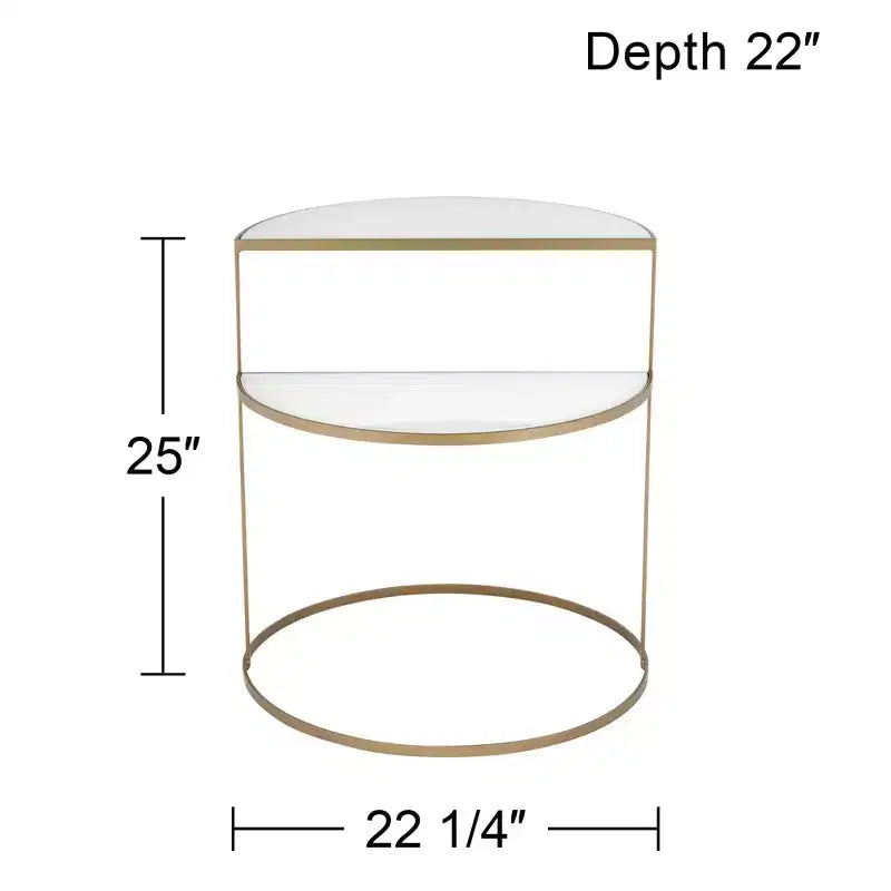 Kensington Hill Danica Modern Metal Accent Side End Table 25 x 22 1/4 Gold 2-Tier Half-Moon White Tempered Glass for Living Room Bedroom Bedside