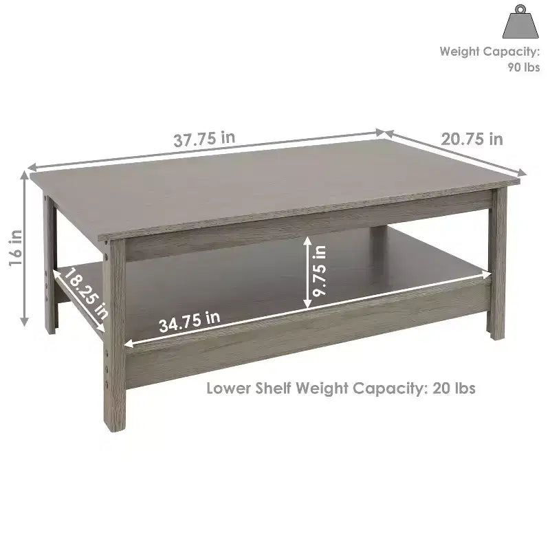 Sunnydaze MDF Indoor Coffee Table with Lower Shelf - 16 H - Thunder Gray