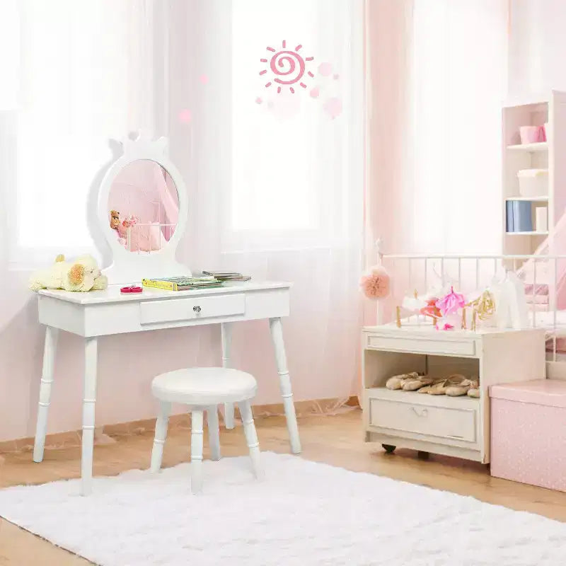 Costway Kids Vanity Makeup Table & Chair Set Make Up Stool Play Set for Children