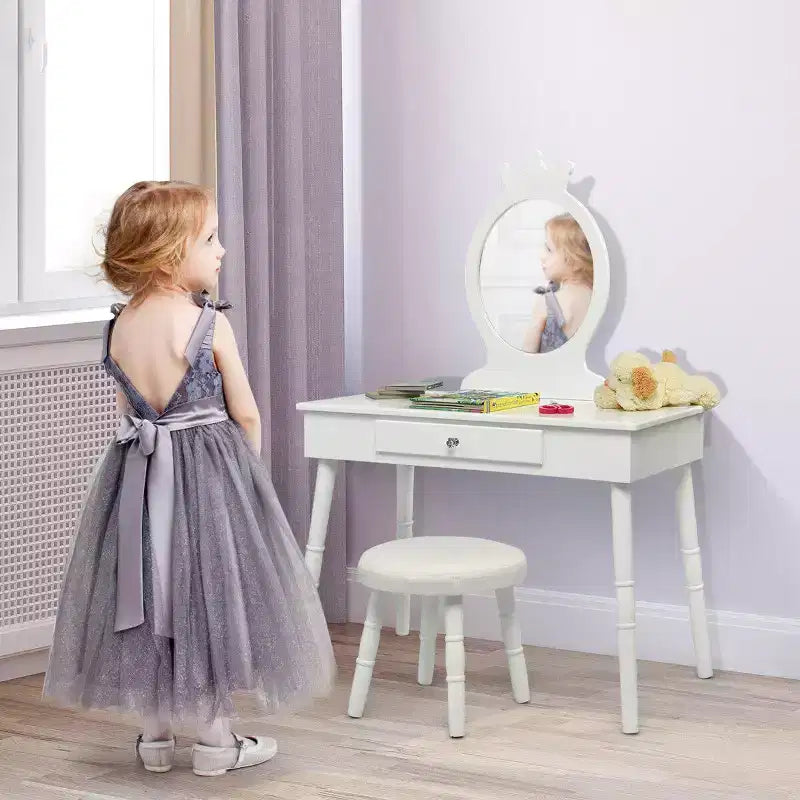 Costway Kids Vanity Makeup Table & Chair Set Make Up Stool Play Set for Children