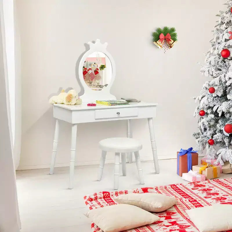 Costway Kids Vanity Makeup Table & Chair Set Make Up Stool Play Set for Children