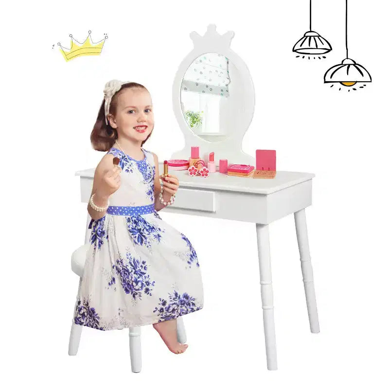 Costway Kids Vanity Makeup Table & Chair Set Make Up Stool Play Set for Children