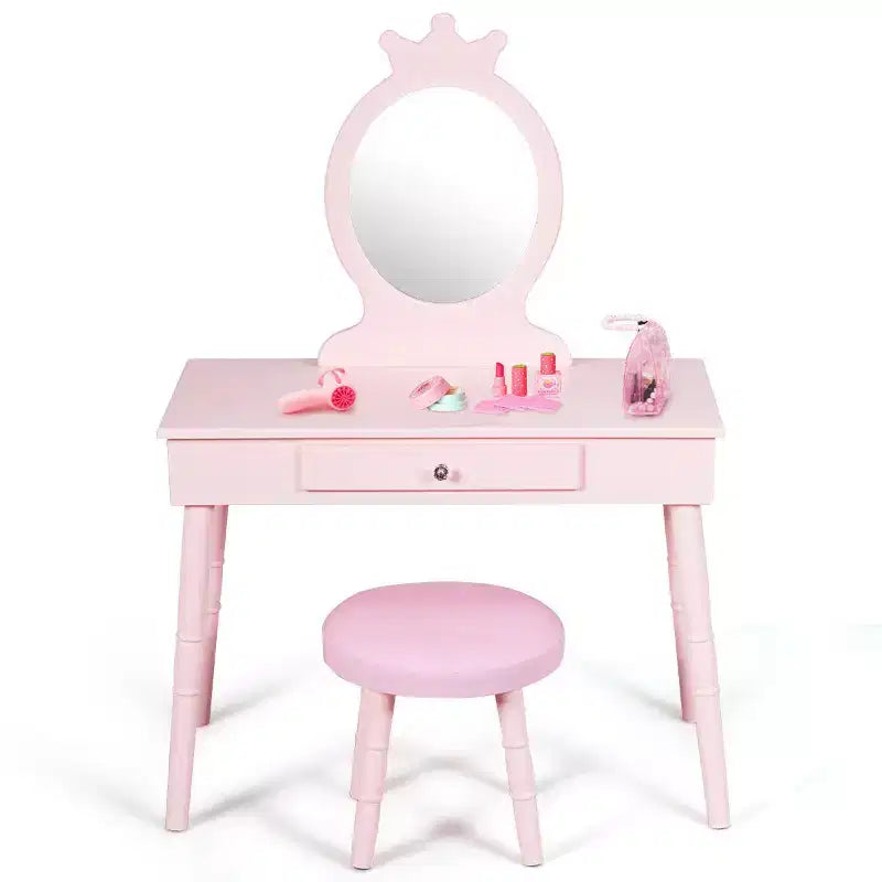 Costway Kids Vanity Makeup Table & Chair Set Make Up Stool Play Set for Children