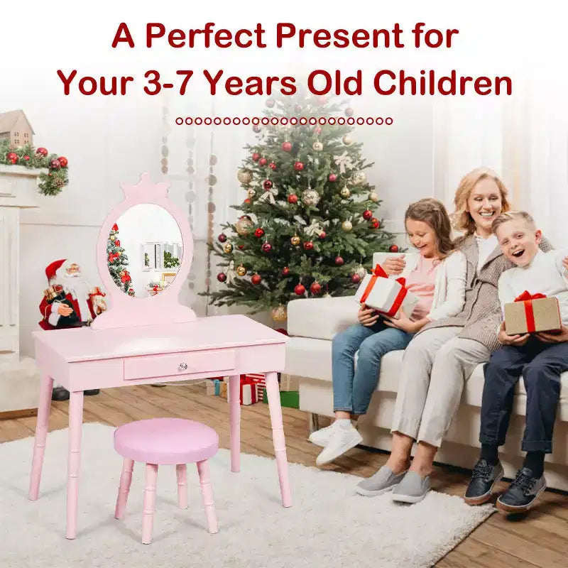 Costway Kids Vanity Makeup Table & Chair Set Make Up Stool Play Set for Children
