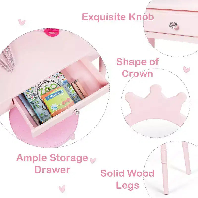 Costway Kids Vanity Makeup Table & Chair Set Make Up Stool Play Set for Children