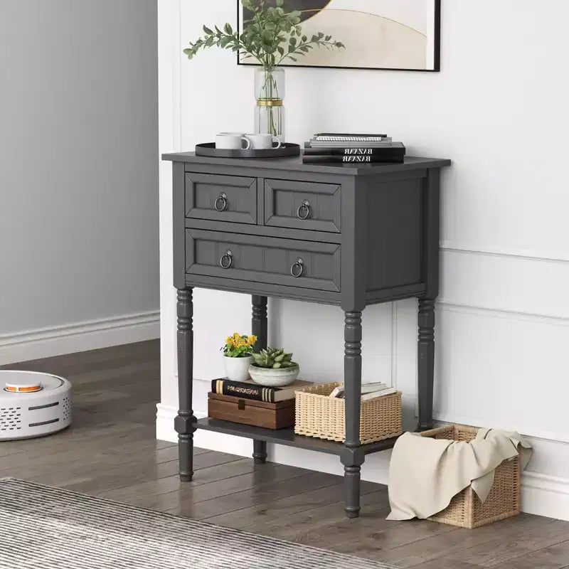 Costway Console Entryway Table w/ 3 Drawers Open Shelf for Hallway Living room Dark Grey