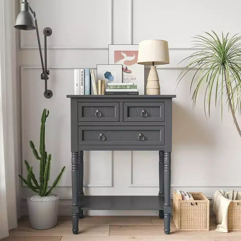 Costway Console Entryway Table w/ 3 Drawers Open Shelf for Hallway Living room Dark Grey
