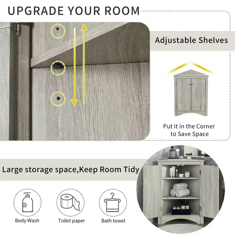 Rustic Corner Bathroom Storage Cabinet with Adjustable Shelves, Freestanding Floor Wood Cabinet - ModernLuxe