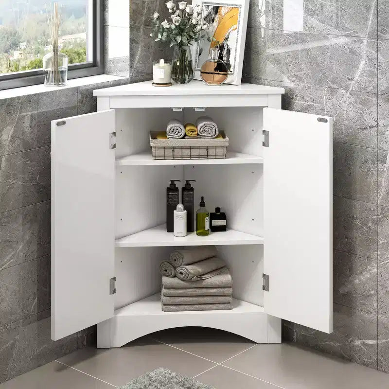 Rustic Corner Bathroom Storage Cabinet with Adjustable Shelves, Freestanding Floor Wood Cabinet - ModernLuxe