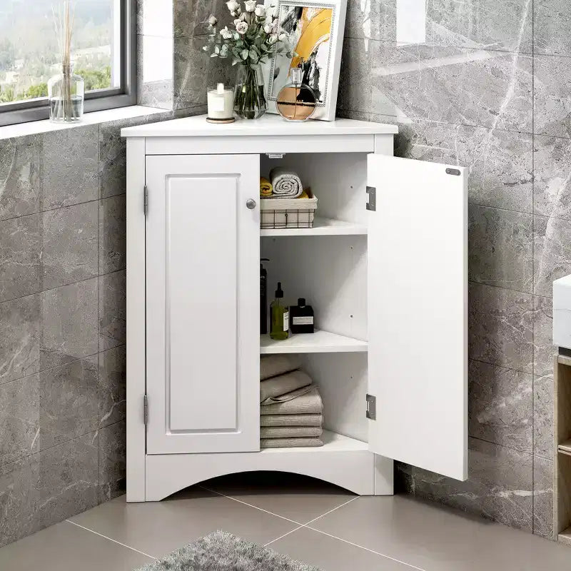 Rustic Corner Bathroom Storage Cabinet with Adjustable Shelves, Freestanding Floor Wood Cabinet - ModernLuxe