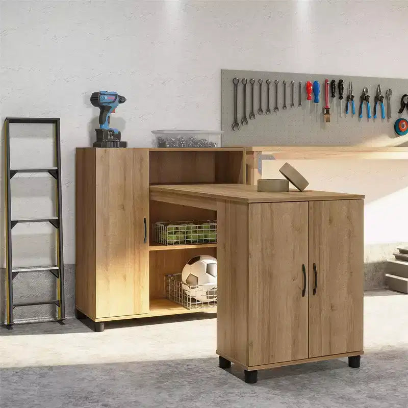 RealRooms Basin Hobby and Craft Desk with Open Shelving and Storage Cabinet