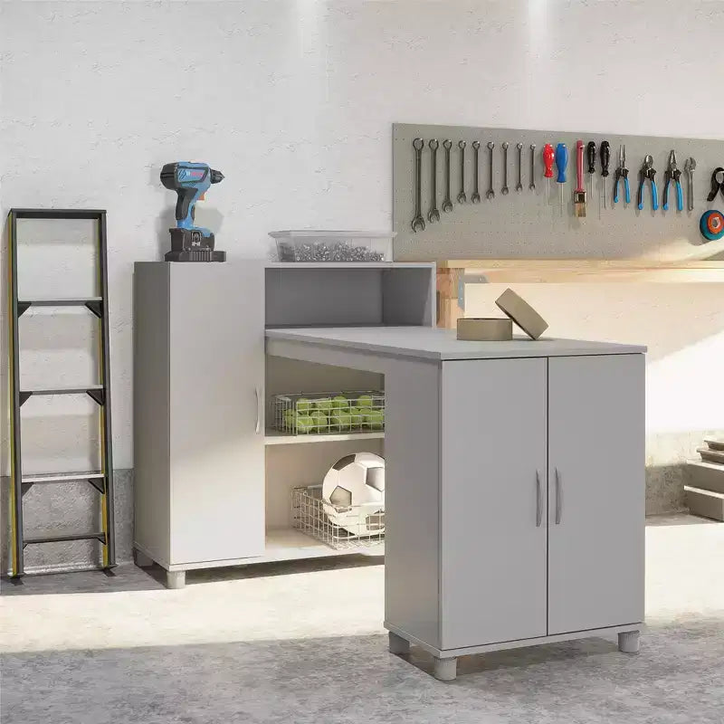 RealRooms Basin Hobby and Craft Desk with Open Shelving and Storage Cabinet