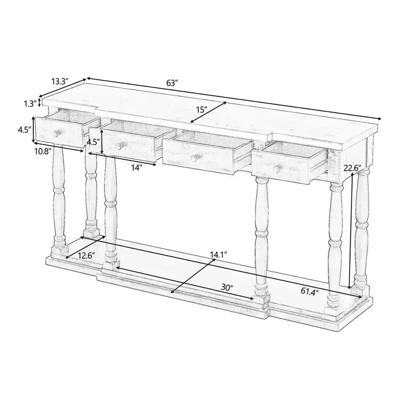 Retro Senior Console Table with 4 Front Facing Storage Drawers and 1 Shelf-ModernLuxe