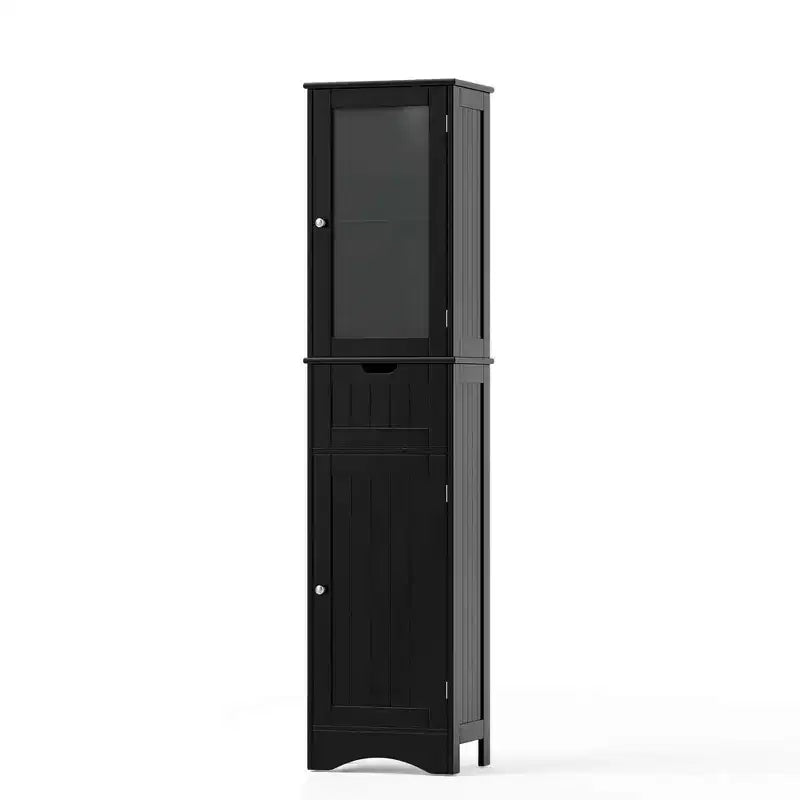 Costway Bathroom Tall Cabinet Freestanding Linen Tower with Doors & Drawer Black/Grey/White