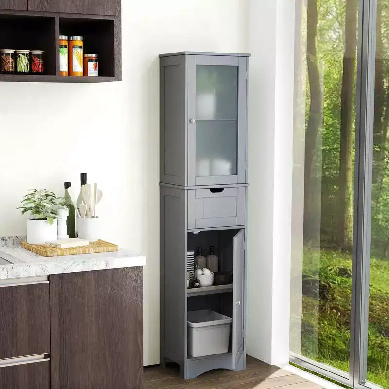 Costway Bathroom Tall Cabinet Freestanding Linen Tower with Doors & Drawer Black/Grey/White