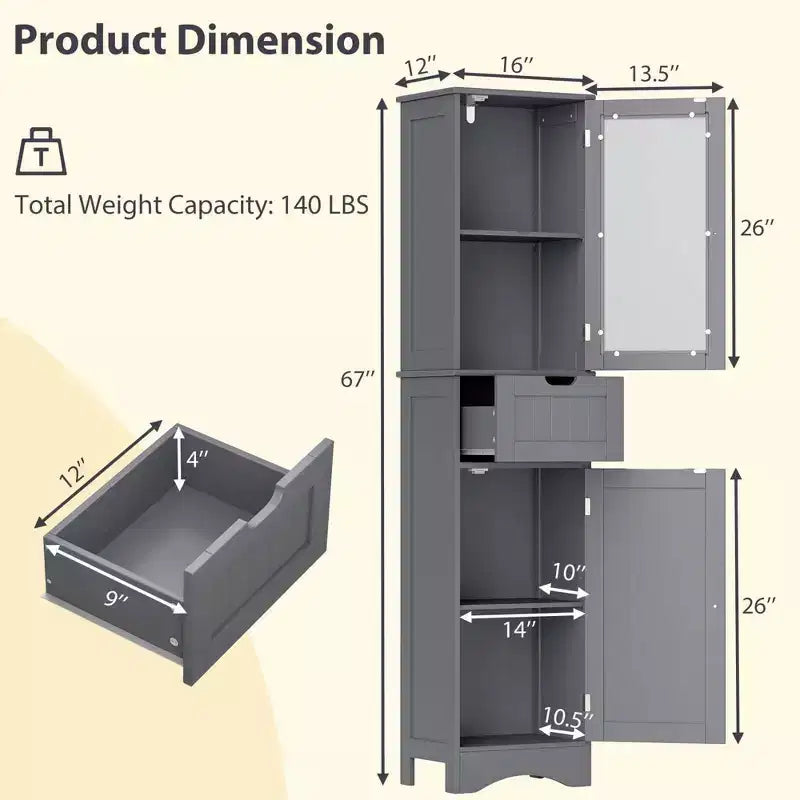 Costway Bathroom Tall Cabinet Freestanding Linen Tower with Doors & Drawer Black/Grey/White