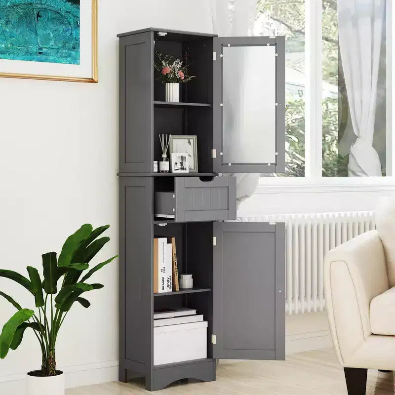 Costway Bathroom Tall Cabinet Freestanding Linen Tower with Doors & Drawer Black/Grey/White