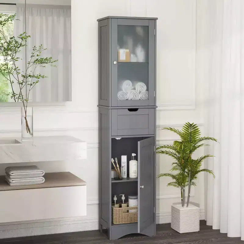 Costway Bathroom Tall Cabinet Freestanding Linen Tower with Doors & Drawer Black/Grey/White