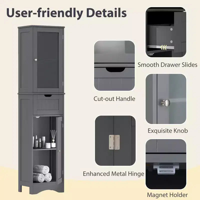 Costway Bathroom Tall Cabinet Freestanding Linen Tower with Doors & Drawer Black/Grey/White