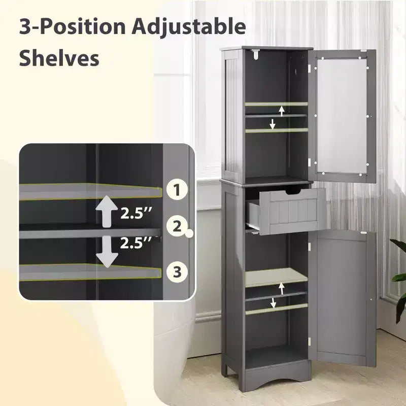 Costway Bathroom Tall Cabinet Freestanding Linen Tower with Doors & Drawer Black/Grey/White