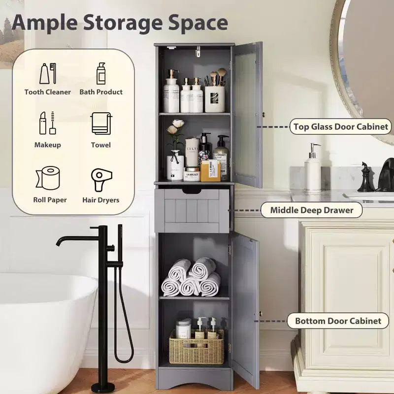 Costway Bathroom Tall Cabinet Freestanding Linen Tower with Doors & Drawer Black/Grey/White