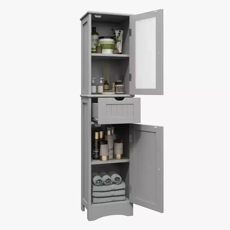 Costway Bathroom Tall Cabinet Freestanding Linen Tower with Doors & Drawer Black/Grey/White