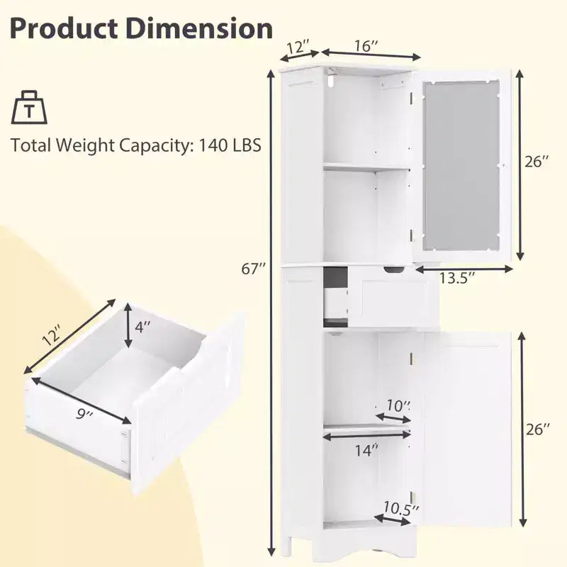 Costway Bathroom Tall Cabinet Freestanding Linen Tower with Doors & Drawer Black/Grey/White