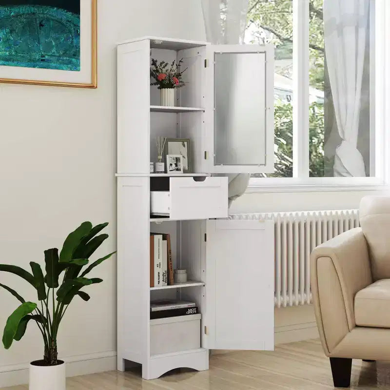 Costway Bathroom Tall Cabinet Freestanding Linen Tower with Doors & Drawer Black/Grey/White