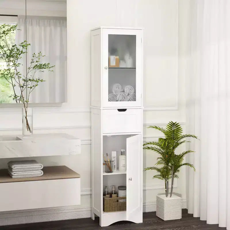 Costway Bathroom Tall Cabinet Freestanding Linen Tower with Doors & Drawer Black/Grey/White