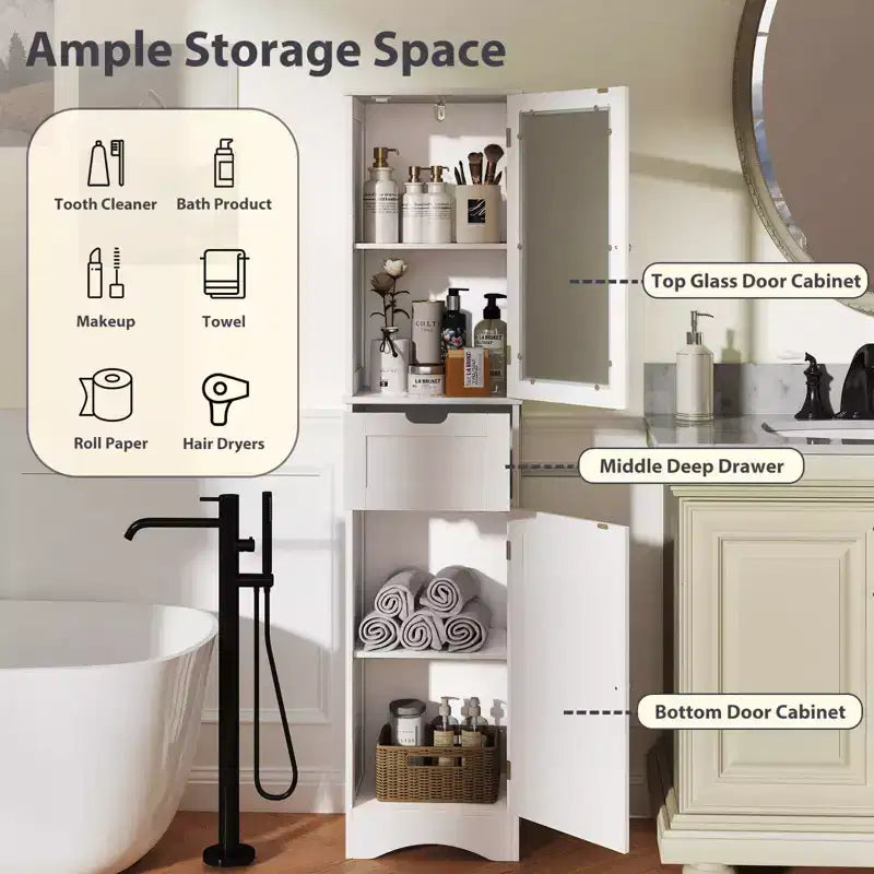 Costway Bathroom Tall Cabinet Freestanding Linen Tower with Doors & Drawer Black/Grey/White