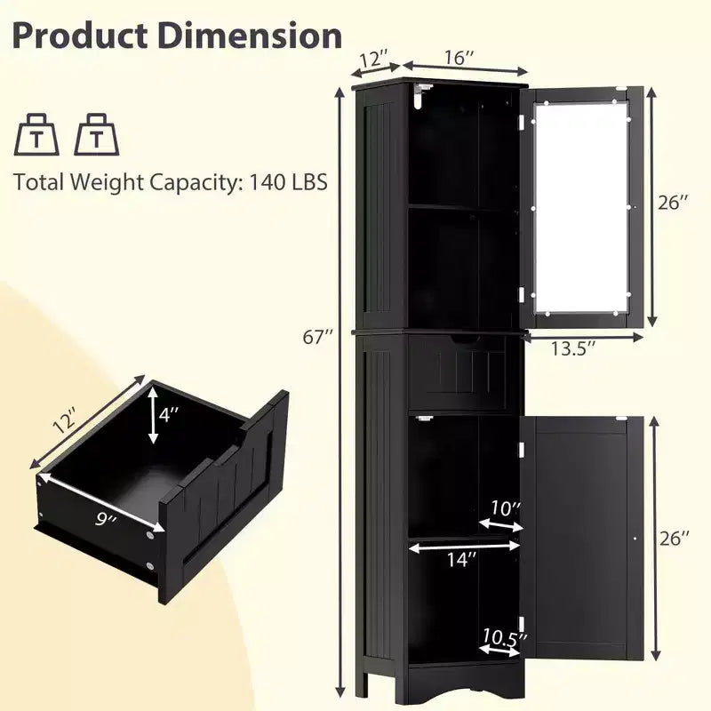 Costway Bathroom Tall Cabinet Freestanding Linen Tower with Doors & Drawer Black/Grey/White