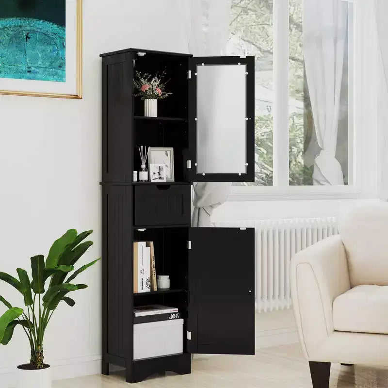 Costway Bathroom Tall Cabinet Freestanding Linen Tower with Doors & Drawer Black/Grey/White