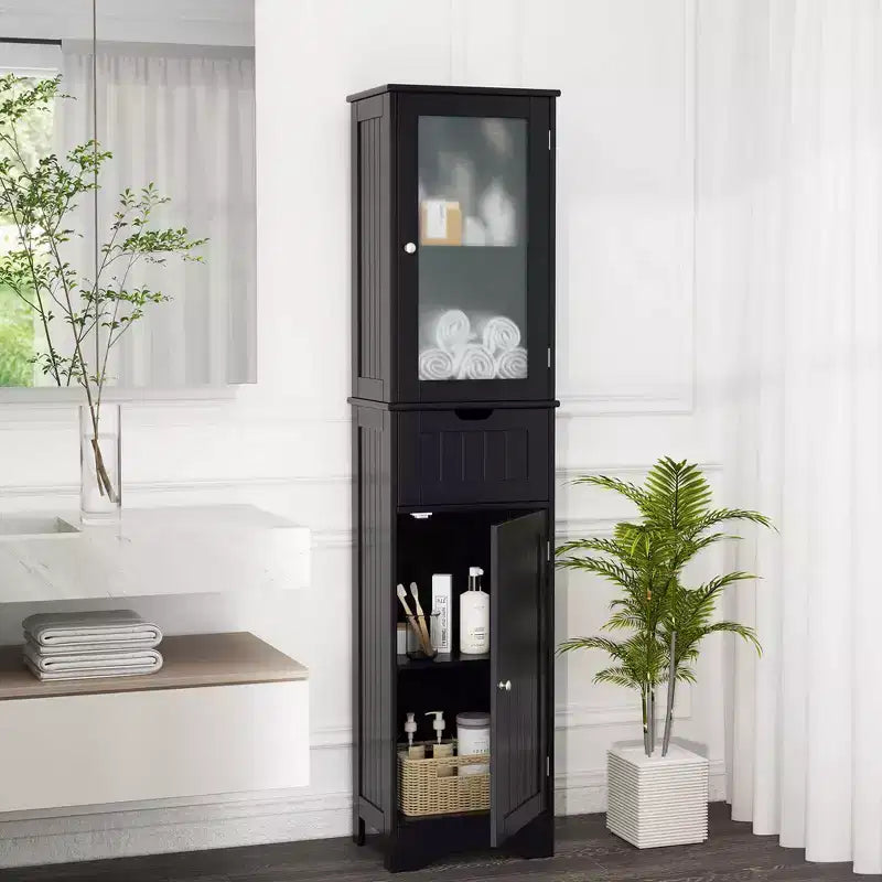 Costway Bathroom Tall Cabinet Freestanding Linen Tower with Doors & Drawer Black/Grey/White