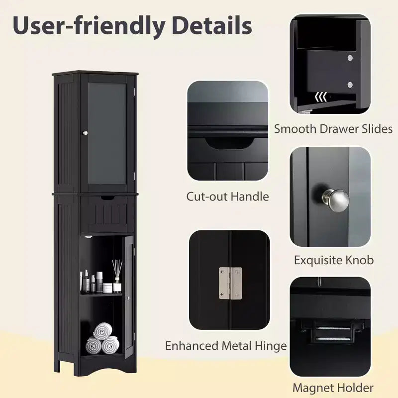 Costway Bathroom Tall Cabinet Freestanding Linen Tower with Doors & Drawer Black/Grey/White