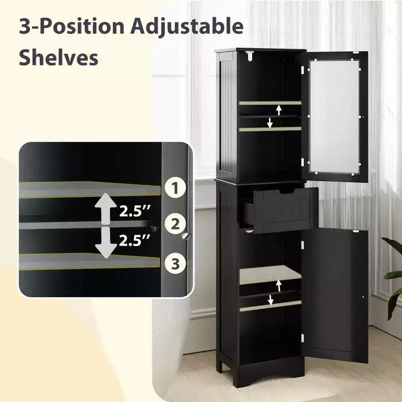Costway Bathroom Tall Cabinet Freestanding Linen Tower with Doors & Drawer Black/Grey/White