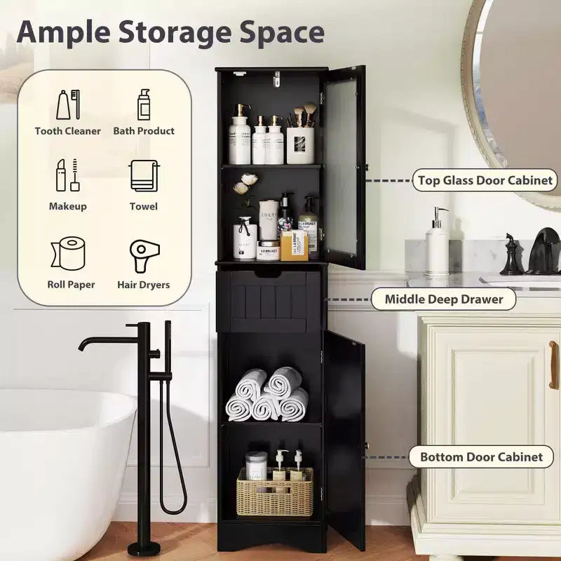 Costway Bathroom Tall Cabinet Freestanding Linen Tower with Doors & Drawer Black/Grey/White