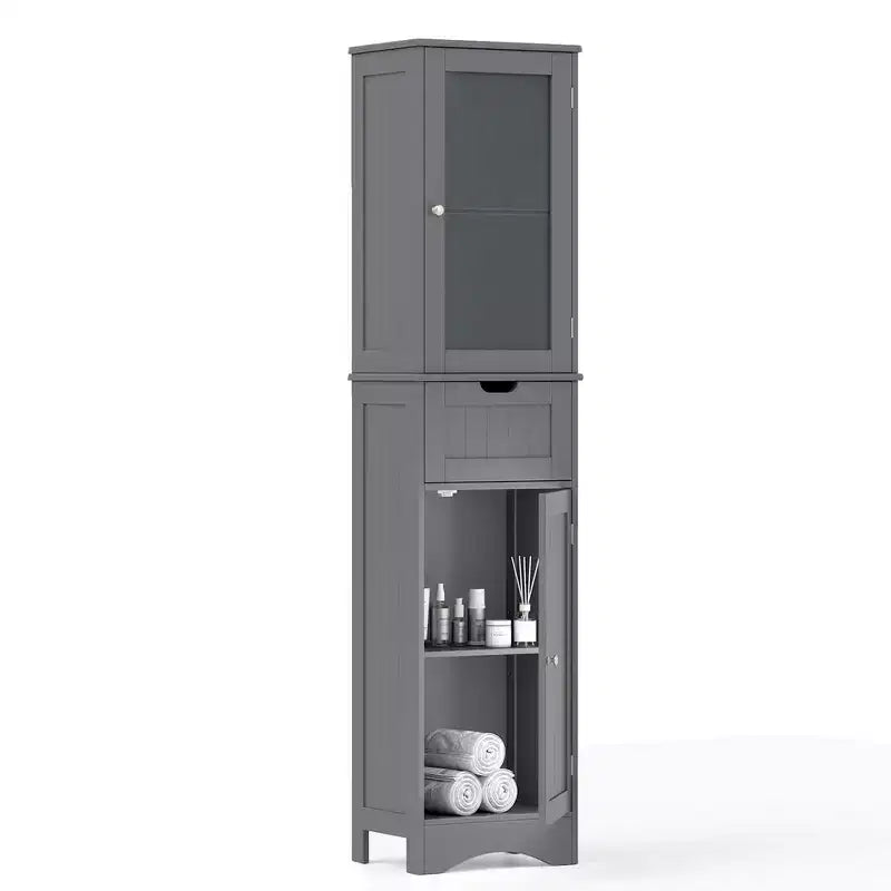 Costway Bathroom Tall Cabinet Freestanding Linen Tower with Doors & Drawer Black/Grey/White