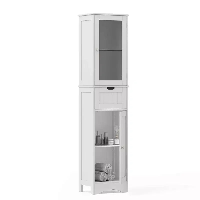 Costway Bathroom Tall Cabinet Freestanding Linen Tower with Doors & Drawer Black/Grey/White
