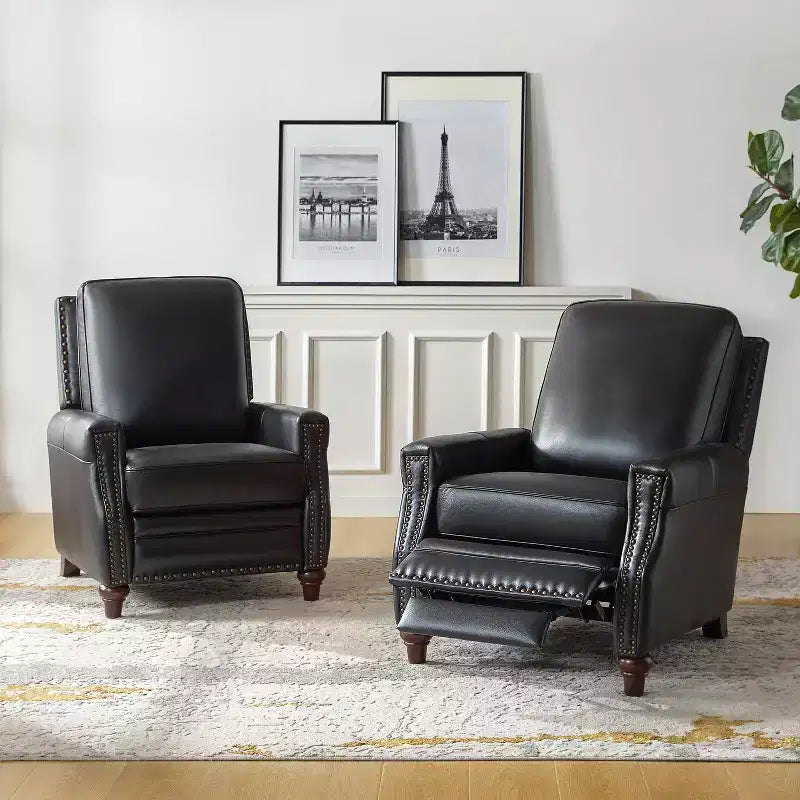 Set of 2 Theresa Modern Upholstery Genuine Leather Recliner with Nailhead Trim for Living Room and Bedroom| ART OF LIVING DESIGNS