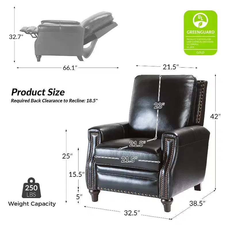 Set of 2 Theresa Modern Upholstery Genuine Leather Recliner with Nailhead Trim for Living Room and Bedroom| ART OF LIVING DESIGNS