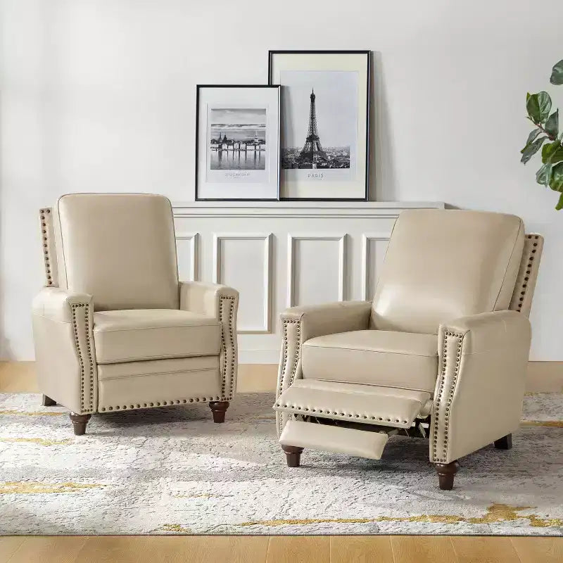 Set of 2 Theresa Modern Upholstery Genuine Leather Recliner with Nailhead Trim for Living Room and Bedroom| ART OF LIVING DESIGNS