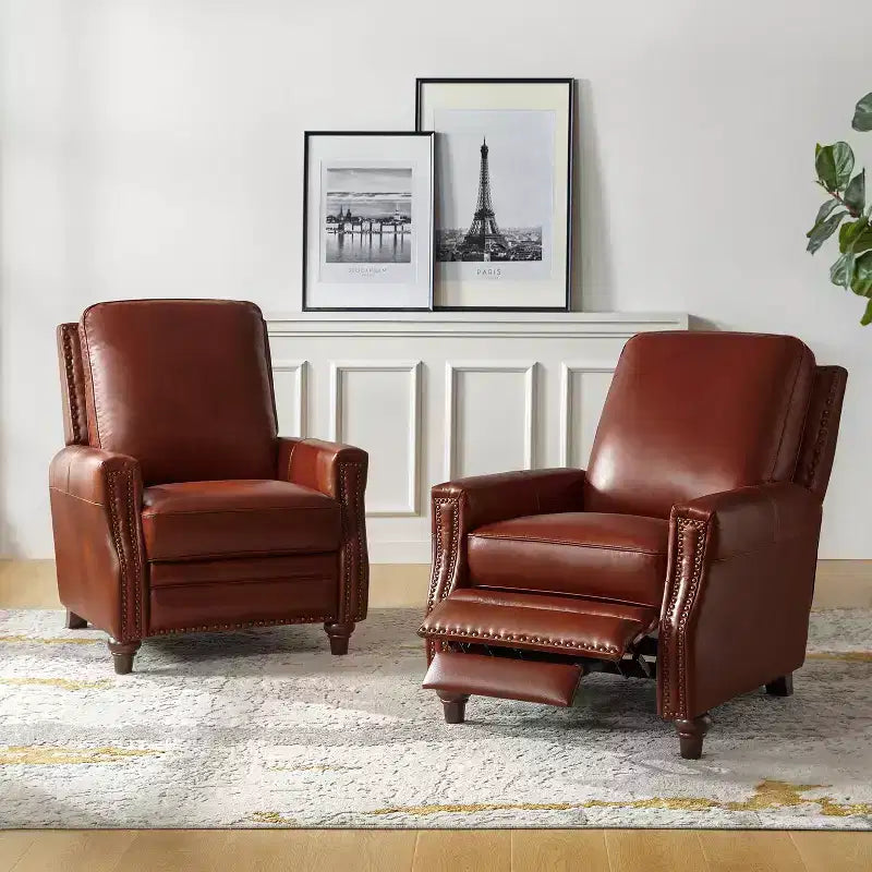 Set of 2 Theresa Modern Upholstery Genuine Leather Recliner with Nailhead Trim for Living Room and Bedroom| ART OF LIVING DESIGNS
