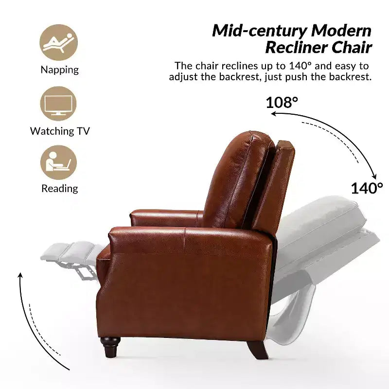 Set of 2 Theresa Modern Upholstery Genuine Leather Recliner with Nailhead Trim for Living Room and Bedroom| ART OF LIVING DESIGNS