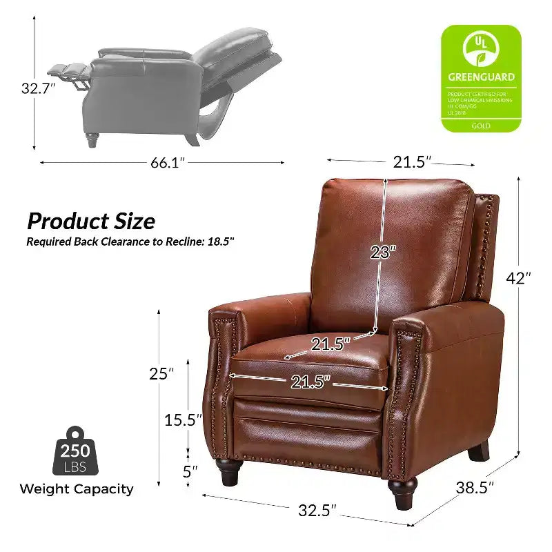 Set of 2 Theresa Modern Upholstery Genuine Leather Recliner with Nailhead Trim for Living Room and Bedroom| ART OF LIVING DESIGNS