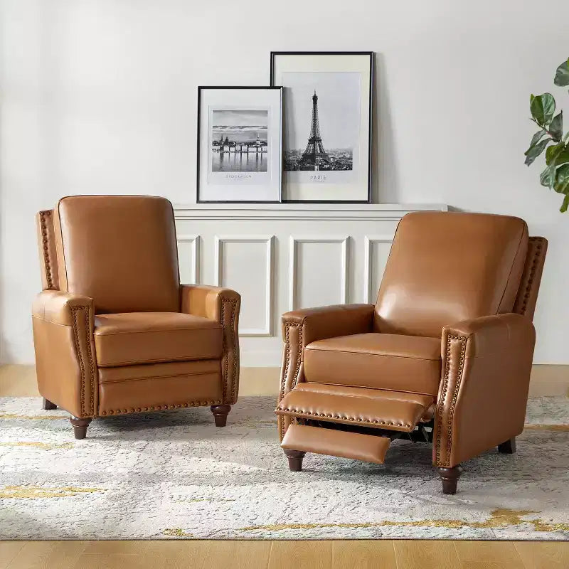 Set of 2 Theresa Modern Upholstery Genuine Leather Recliner with Nailhead Trim for Living Room and Bedroom| ART OF LIVING DESIGNS