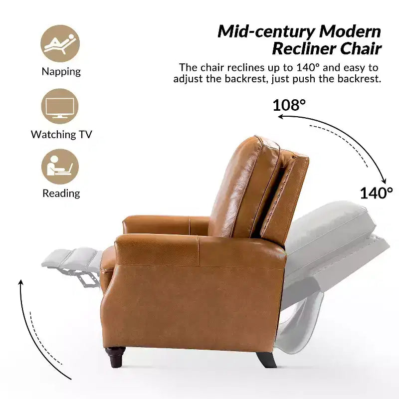 Set of 2 Theresa Modern Upholstery Genuine Leather Recliner with Nailhead Trim for Living Room and Bedroom| ART OF LIVING DESIGNS
